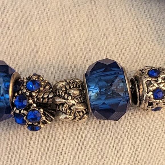 Charm Bracelet With Blue Crystal Beads in Silver Tone Metal with Safety Chain - Picture 8 of 13